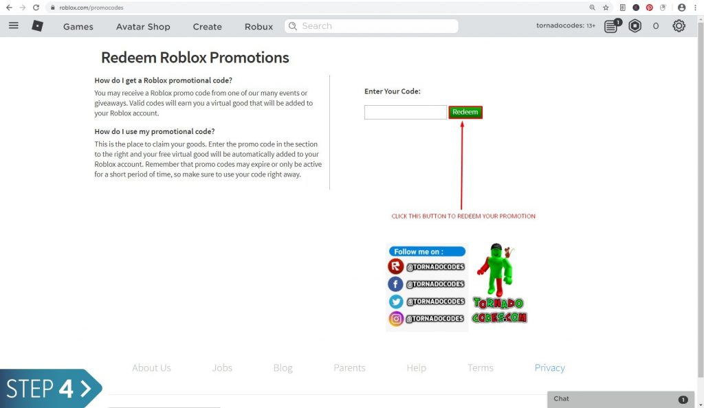 Code Redemption page in Roblox